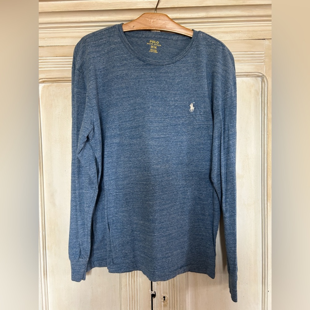 Polo Ralph Lauren Shirt Mens Adult Medium Blue Cream Pony Logo LongSleeve Casual
